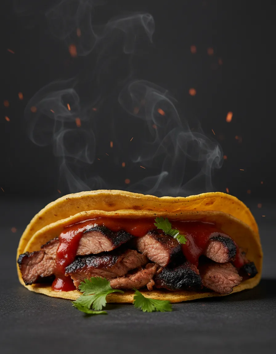 Fotografía macro de alta calidad de un taco cortado y jugoso al carbón