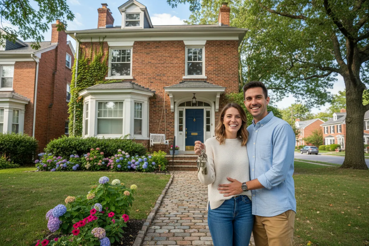 A young couple stands in front of a charming brick home in a leafy Central Pennsylvania neighborhood, holding a set of keys and smiling with excitement. The background features mature trees and a clear sky, evoking a sense of new beginnings and local pride.