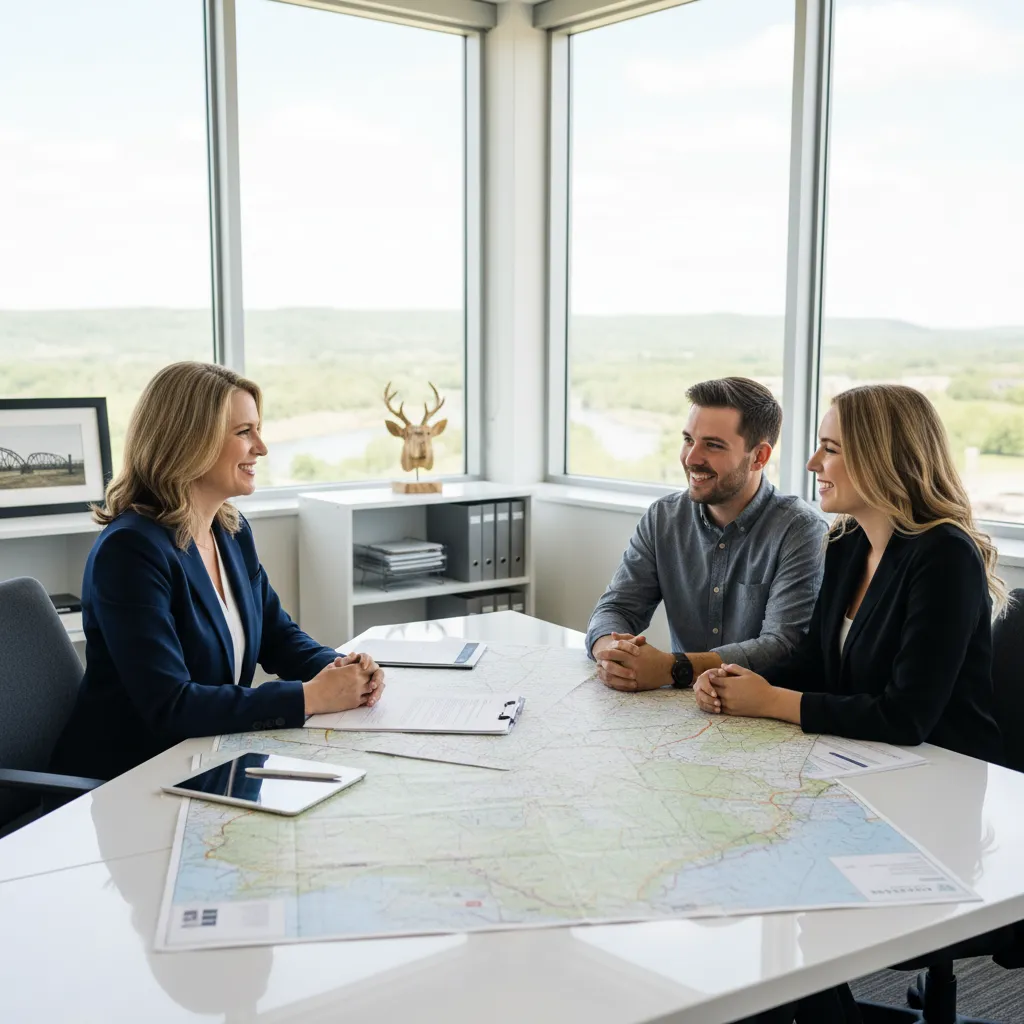 A professional real estate advisor sits at a modern desk with Central PA maps and documents, smiling warmly at a young client couple. The office features large windows and subtle regional decor, conveying trust and local expertise.