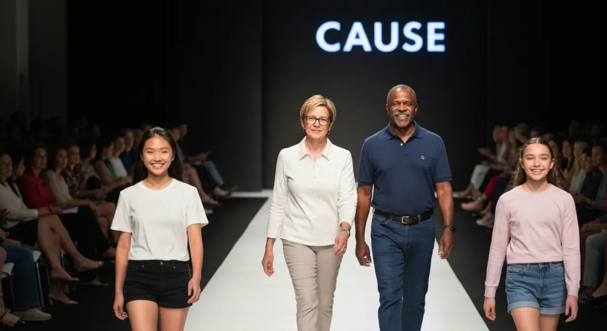 Runway modeling for a cause featuring multiple generations in a celebratory, hopeful atmosphere