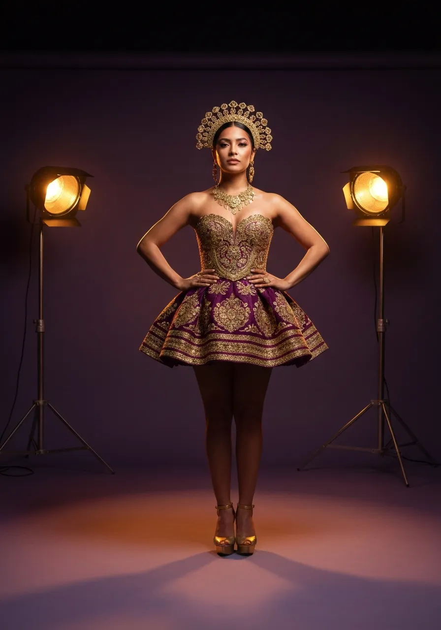 A model radiating cultural pride in a stunning Mundo Latina ensemble
