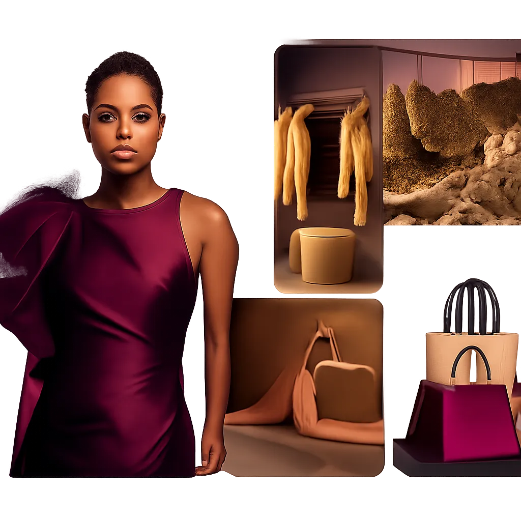 Luxurious high-fashion runway collage featuring designer garments and boutique displays
