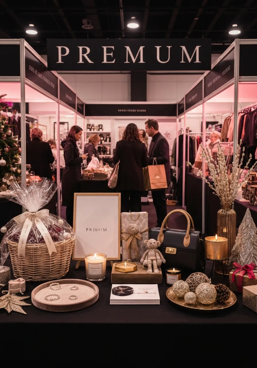 Upscale curated holiday market featuring premium gift baskets, jewelry, candles, and holiday decor in a glamorous setting