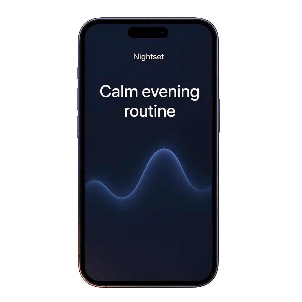 Nightset App Mockup showing calm evening rituals and glowing sleep cycle wave