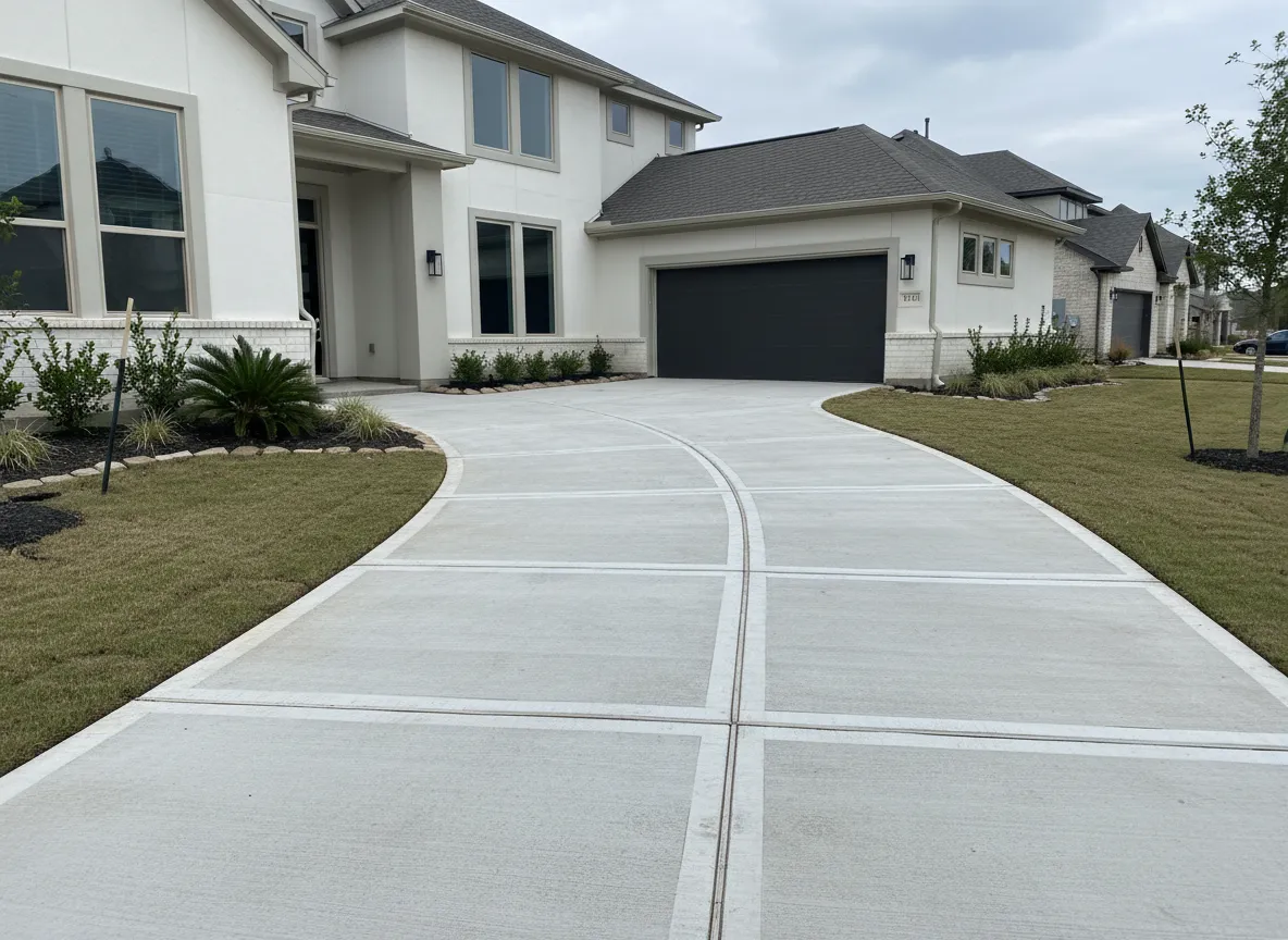 New broom-finished concrete driveway