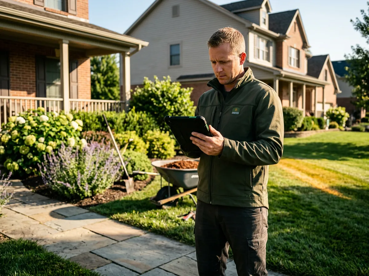 Commercial landscaping contractor checking immediate client notification on tablet outdoors