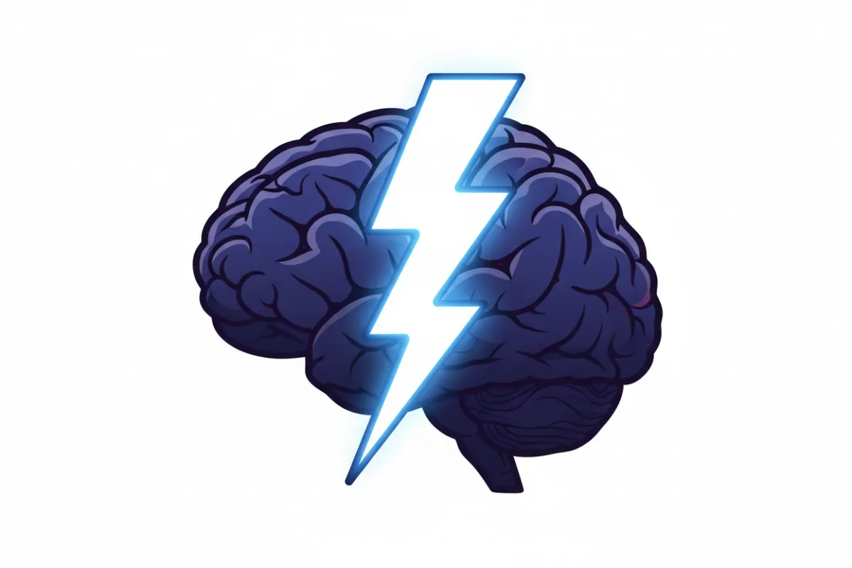 Photorealistic cut-out brain with a lightning bolt overlay on a white background; no additional text or graphics.