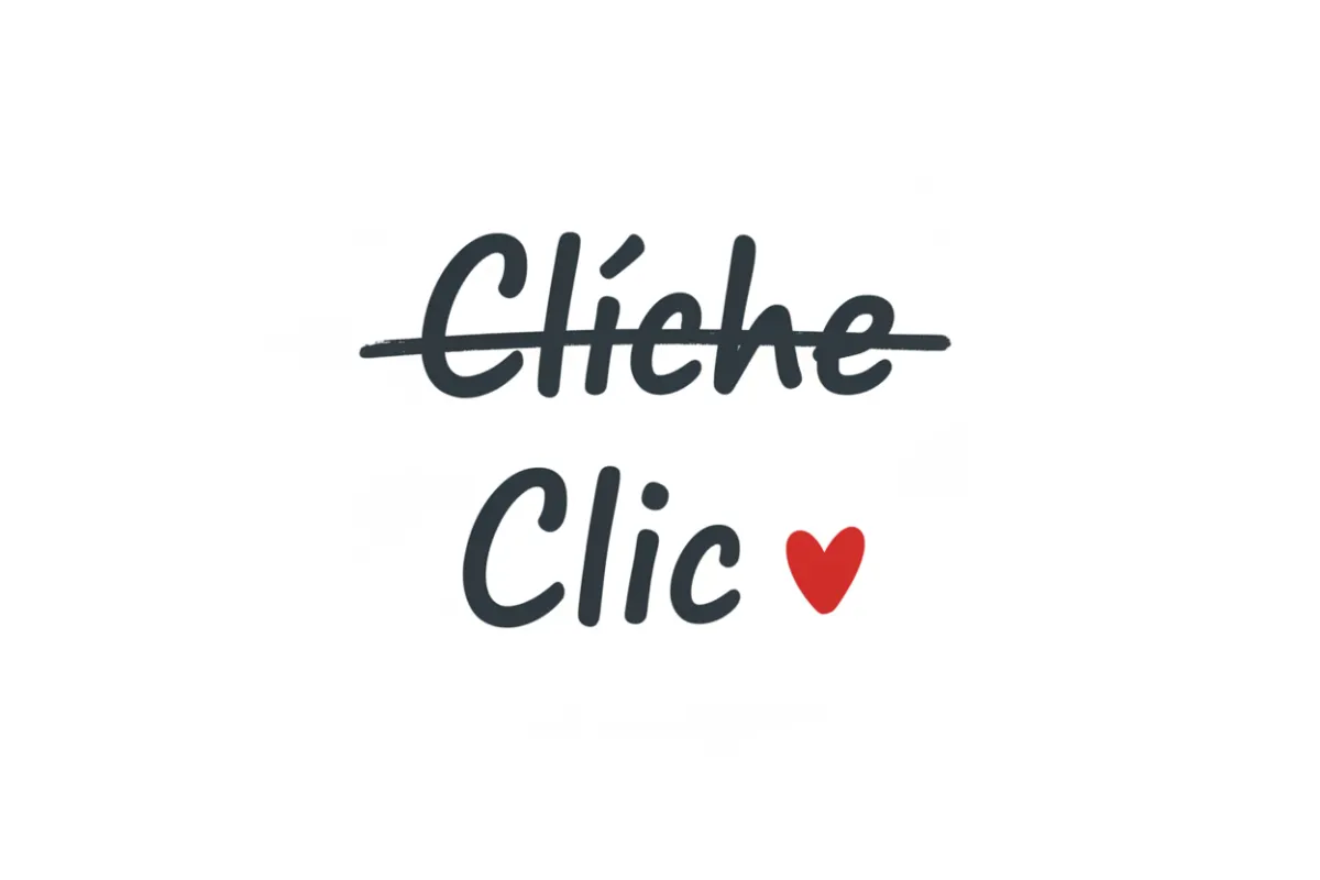 Cutout-style illustration on a solid white background: the word 'Cliche' in bold handwritten font with a ruled line through it, and the word 'Clic' directly below in the same font with a small red heart to its right.