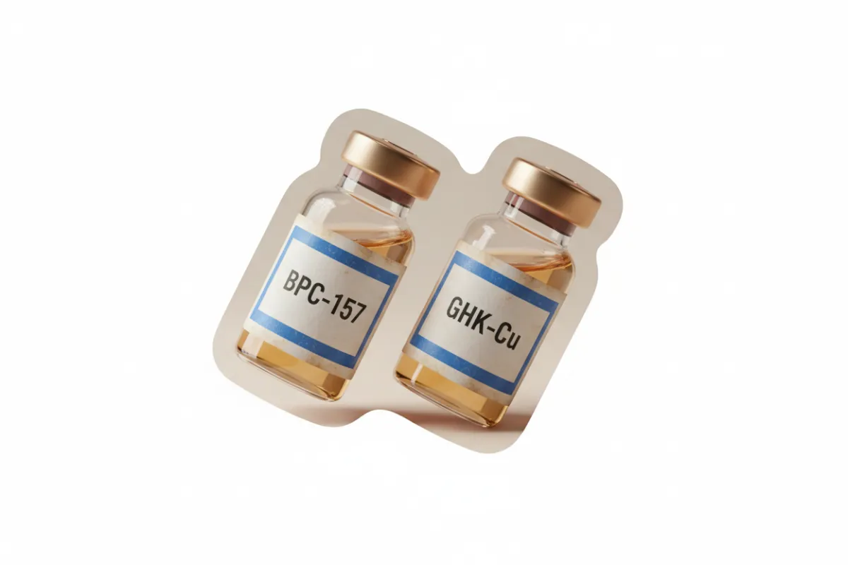 Photorealistic illustration of two glass vials labeled 'BPC-157' and 'GHK-Cu' in an organic non-square cutout shape with transparent background; no additional text or graphics.