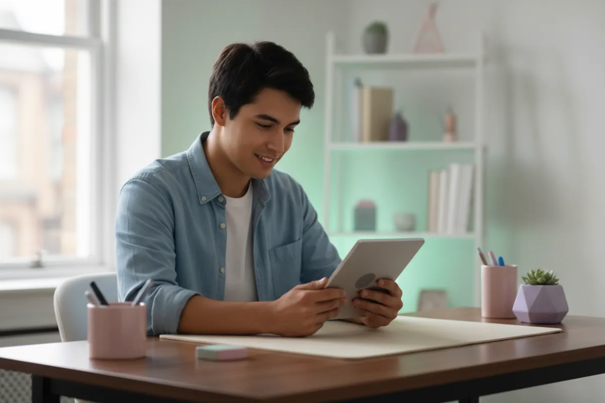 A person reading at a neat desk