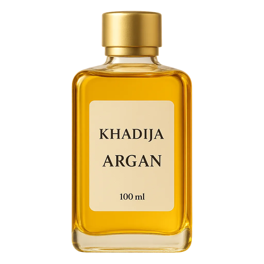 Macro shot of the 100ml Khadija Argan glass bottle catching the light