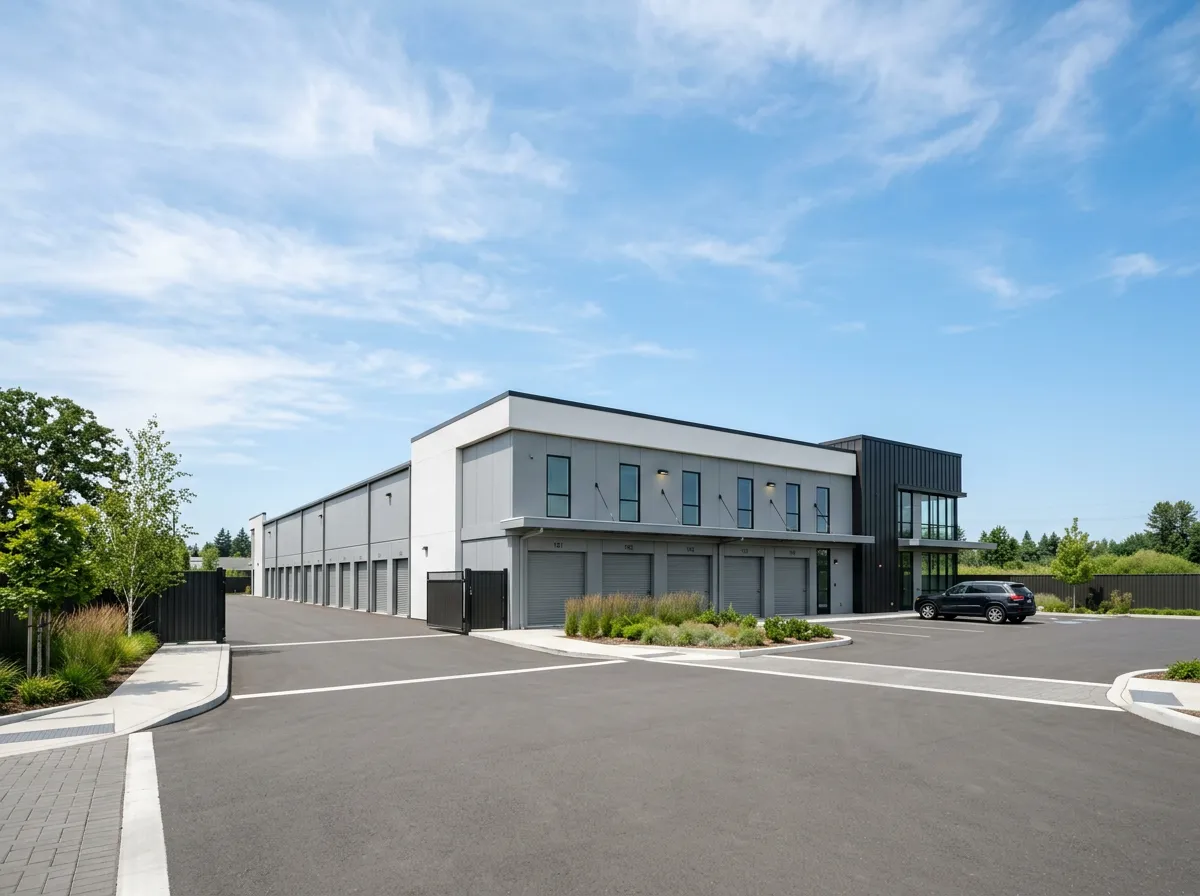 Clean, modern self-storage facility exterior in daylight