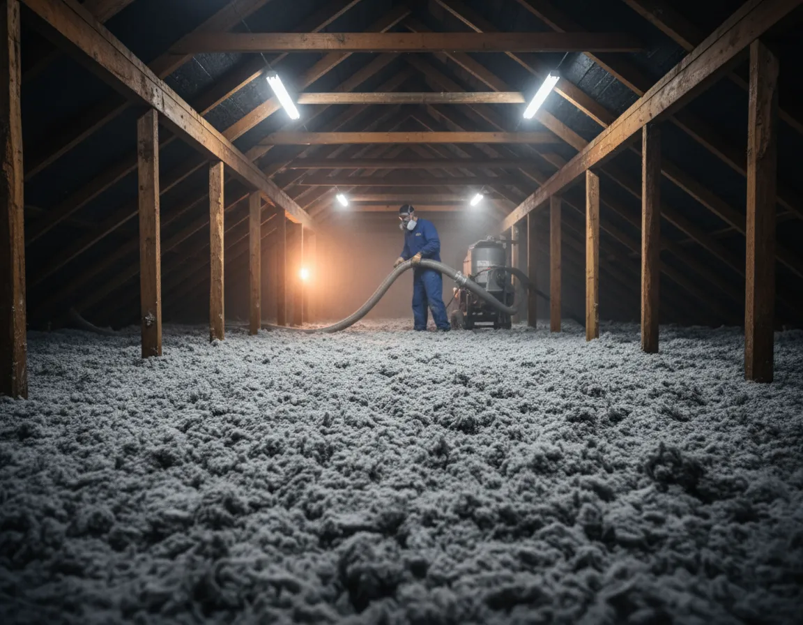 Worker blowing high-grade cellulose insulation into an open residential attic