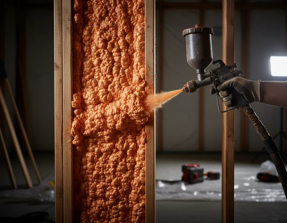 Professional applying closed cell spray foam insulation to interior walls
