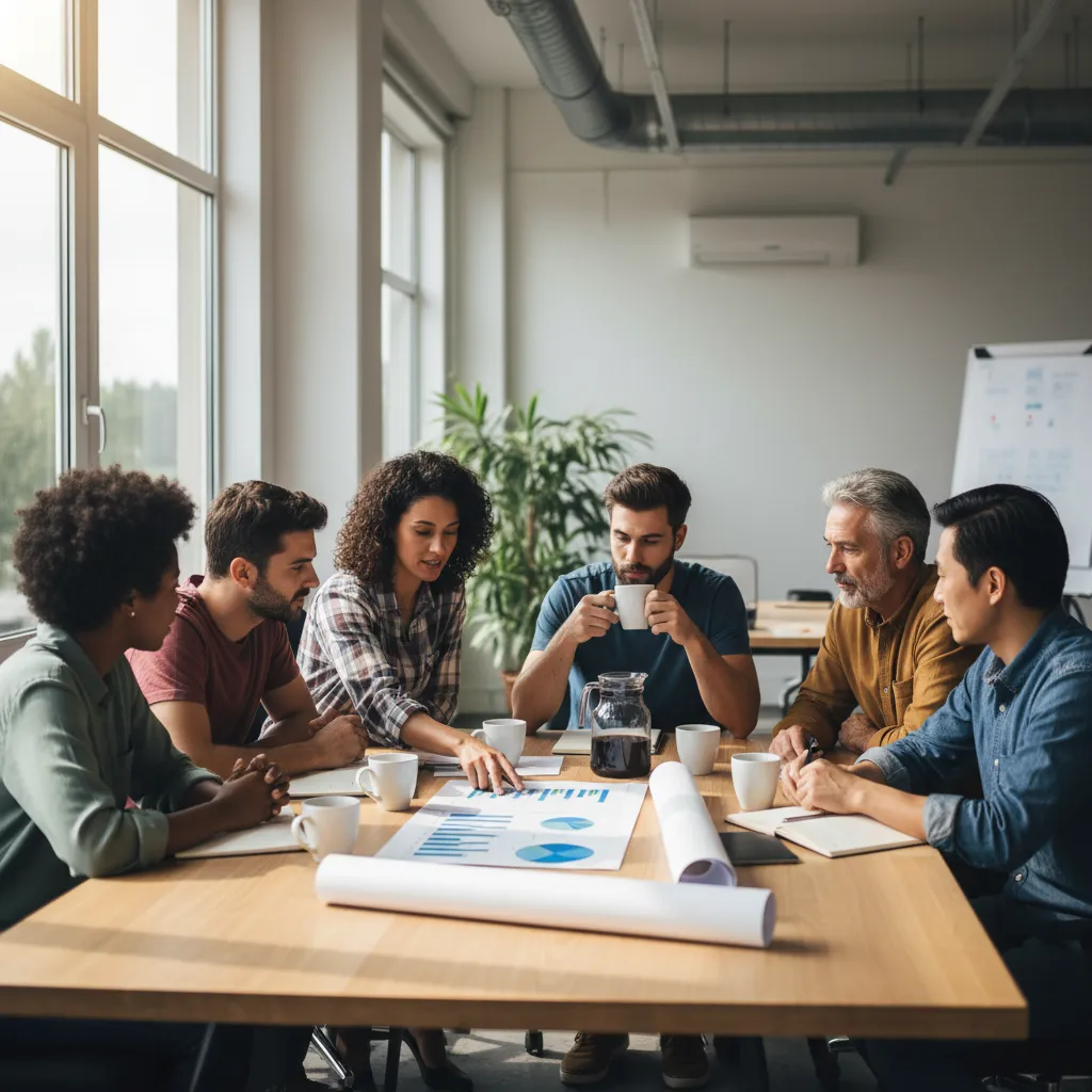 A diverse group of pressure washing business owners, including men and women of different ages and backgrounds, gather around a table in a bright office, discussing business strategies with charts and coffee cups visible.