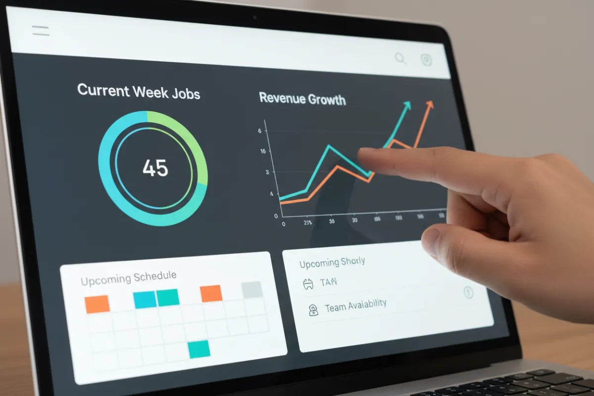 A close-up of a laptop screen displaying a modern dashboard interface for a pressure washing business, with charts and scheduling tools visible. A hand points to a growth graph, suggesting ease of use and immediate results.