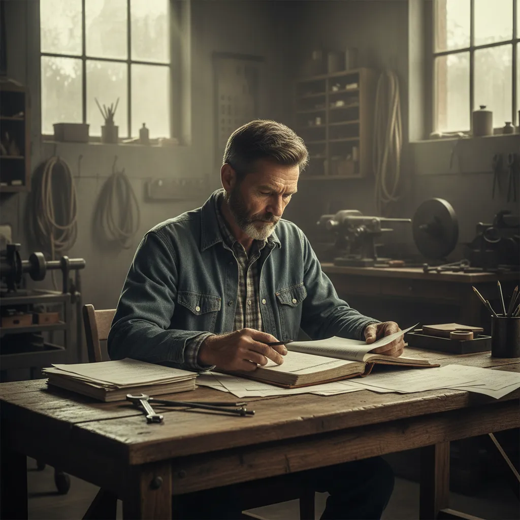 Rugged business owner reviewing ledgers