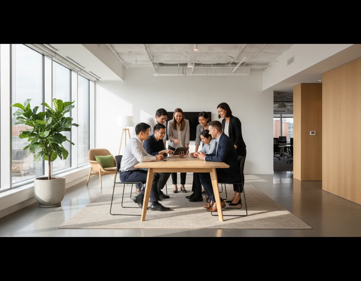 Employees collaborating in a healthy workplace culture