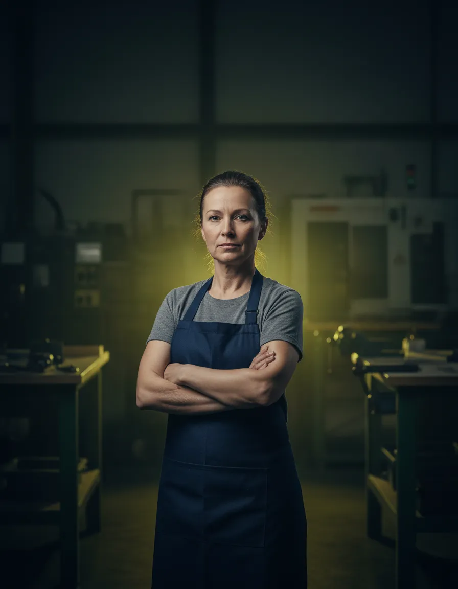 A serious, real-world small business owner in an industrial setting