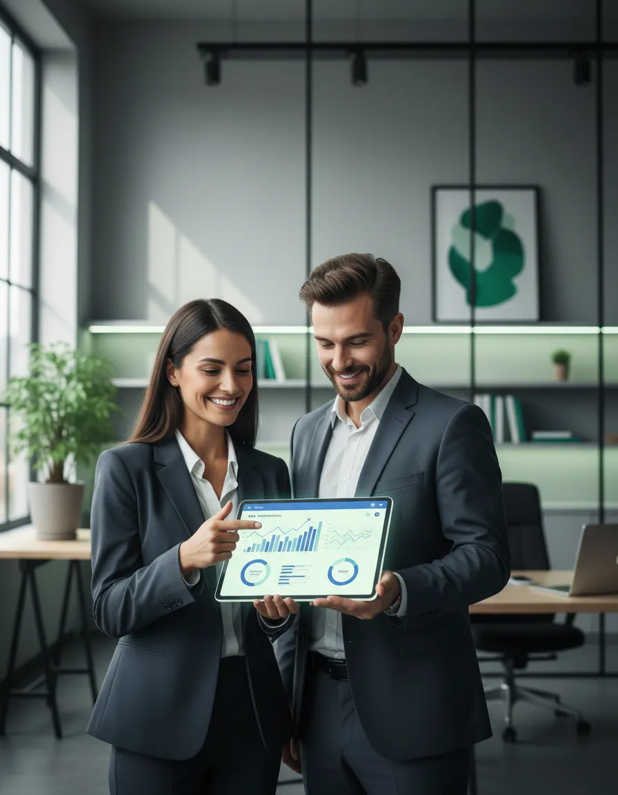 Employees tracking financial progress on mobile