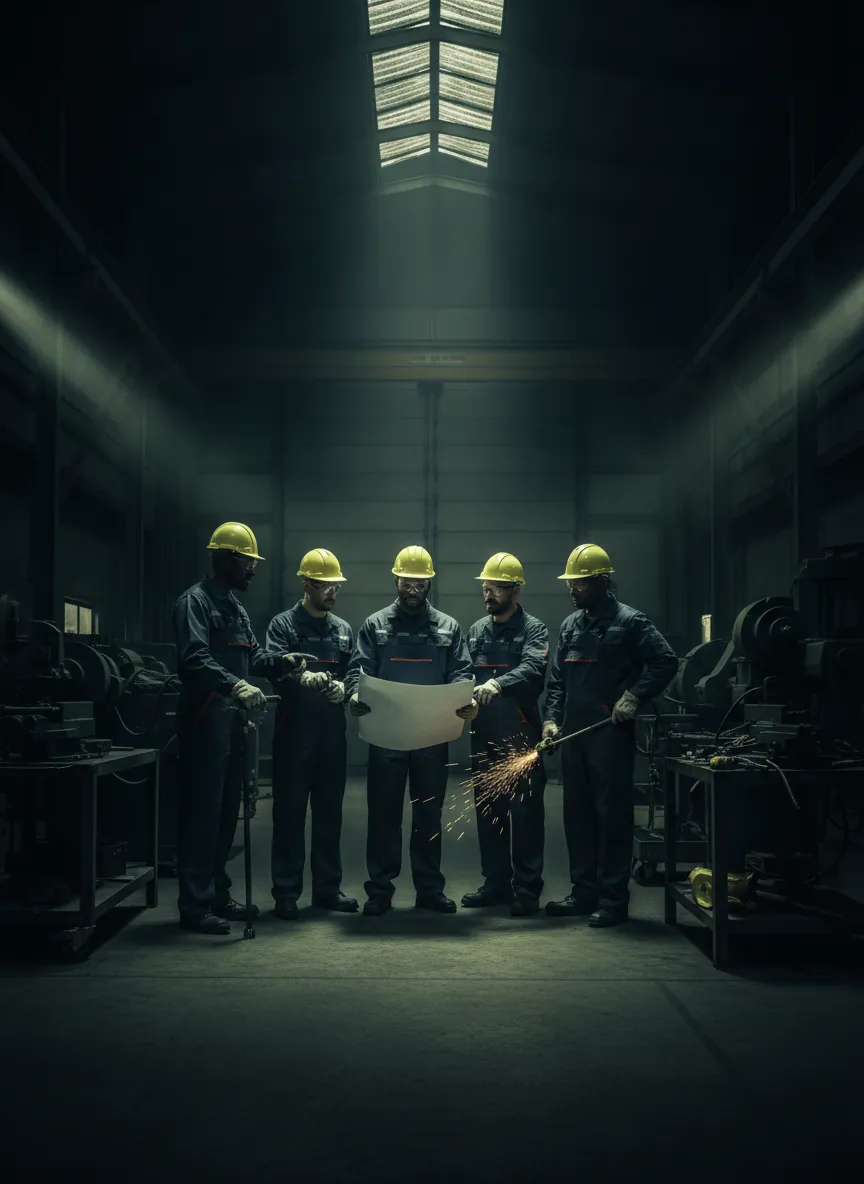 High-contrast industrial photography of a blue-collar team