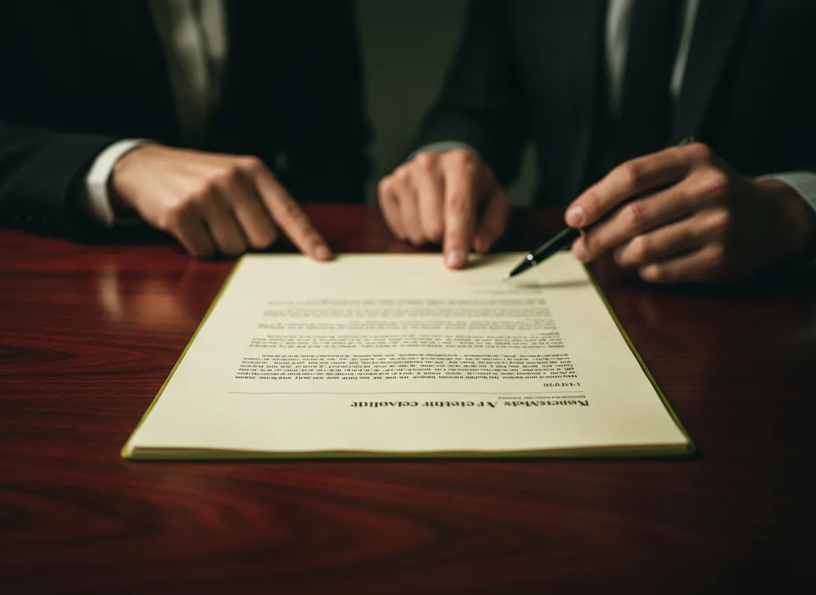 Business partners reviewing a legal document in an office setting