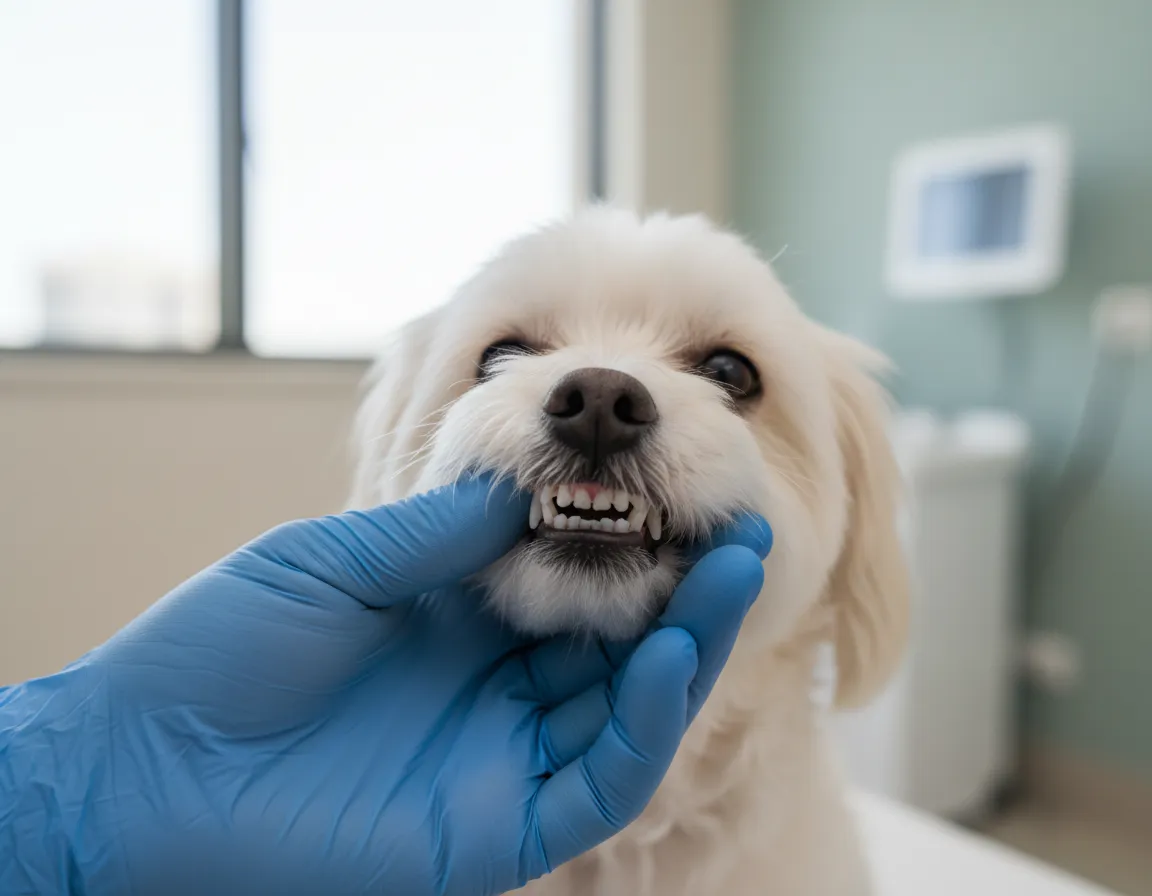Veterinarian at Circle Vet JVC gently checking a dog's teeth.