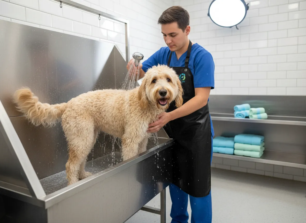 Dog being gently bathed at the Circle Vet JVC grooming area in Dubai.