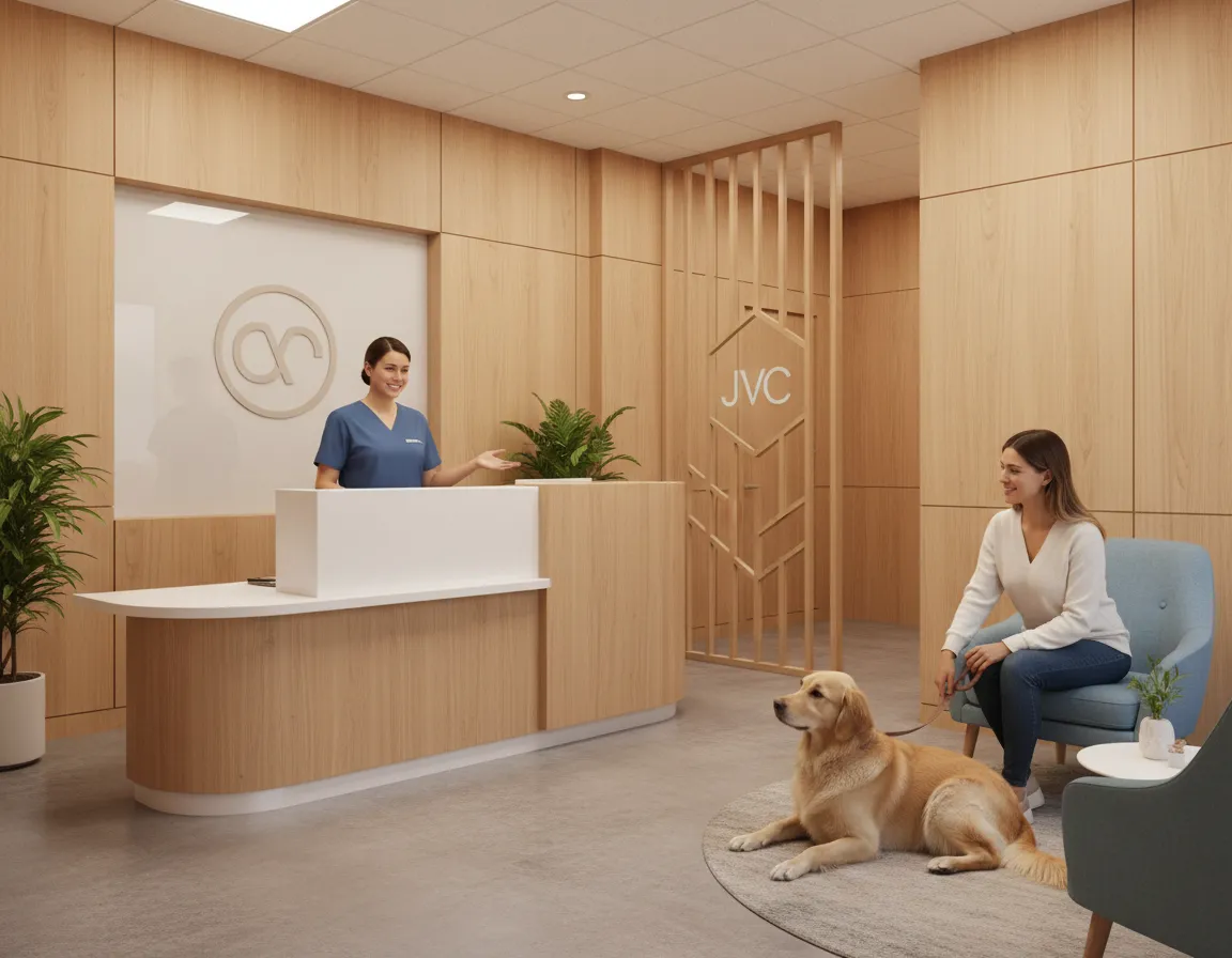 Warm, welcoming veterinary clinic reception in Jumeirah Village Circle.