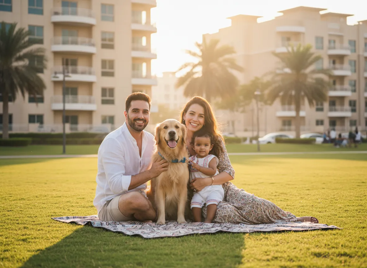 Happy Dubai family with their dog after a vet visit and grooming.