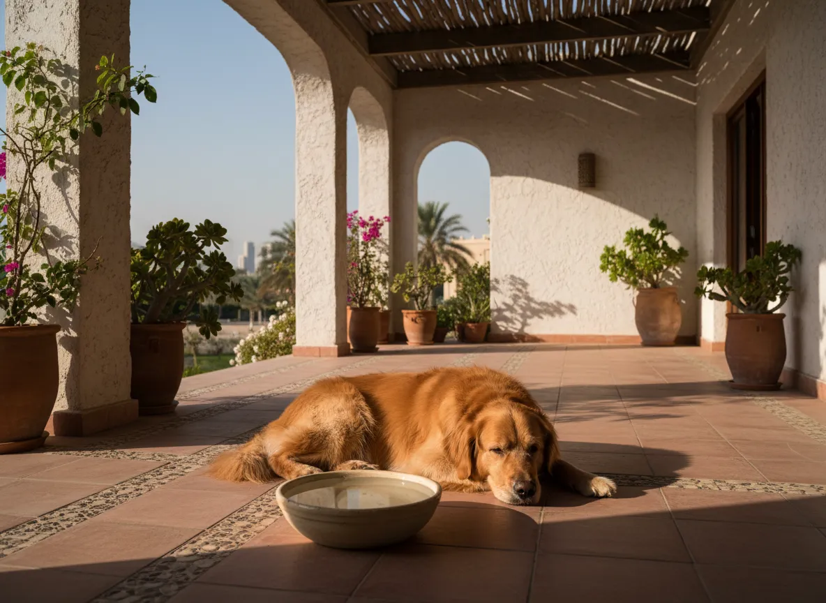 Dog resting in the shade with water, protected from Dubai heat.