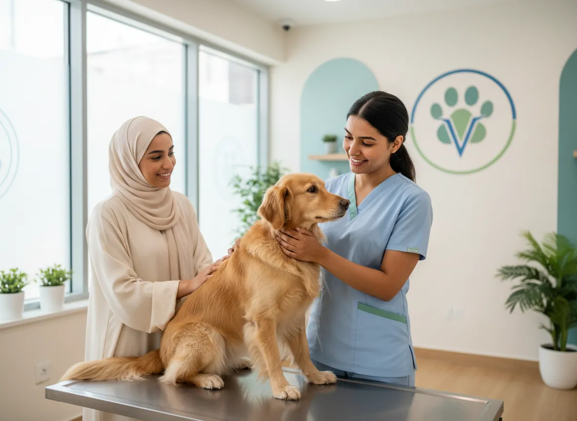 Vet gently examining a happy dog beside the owner at Circle Vet JVC in Jumeirah Village Circle, Dubai.