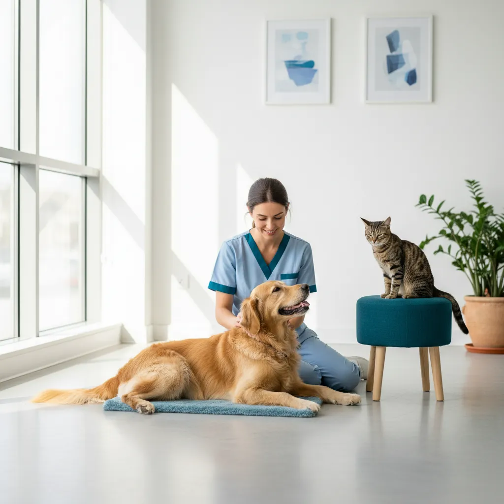 Friendly veterinarian in Dubai gently examining a dog and cat in a bright modern clinic