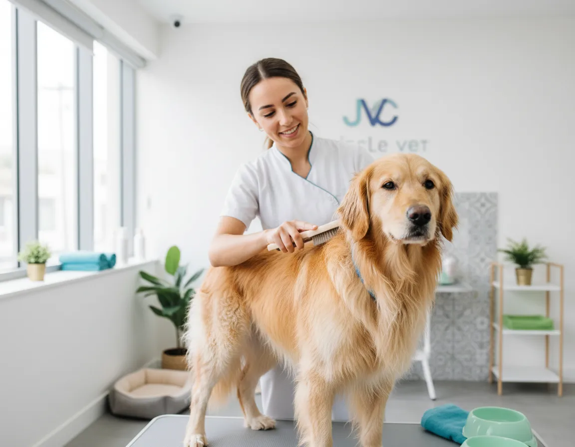 Vet gently examining a happy dog beside the owner at Circle Vet JVC in Jumeirah Village Circle, Dubai.