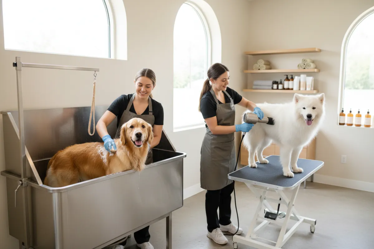 De‑Shedding & Coat Care: groomer removing loose undercoat from long‑haired dog