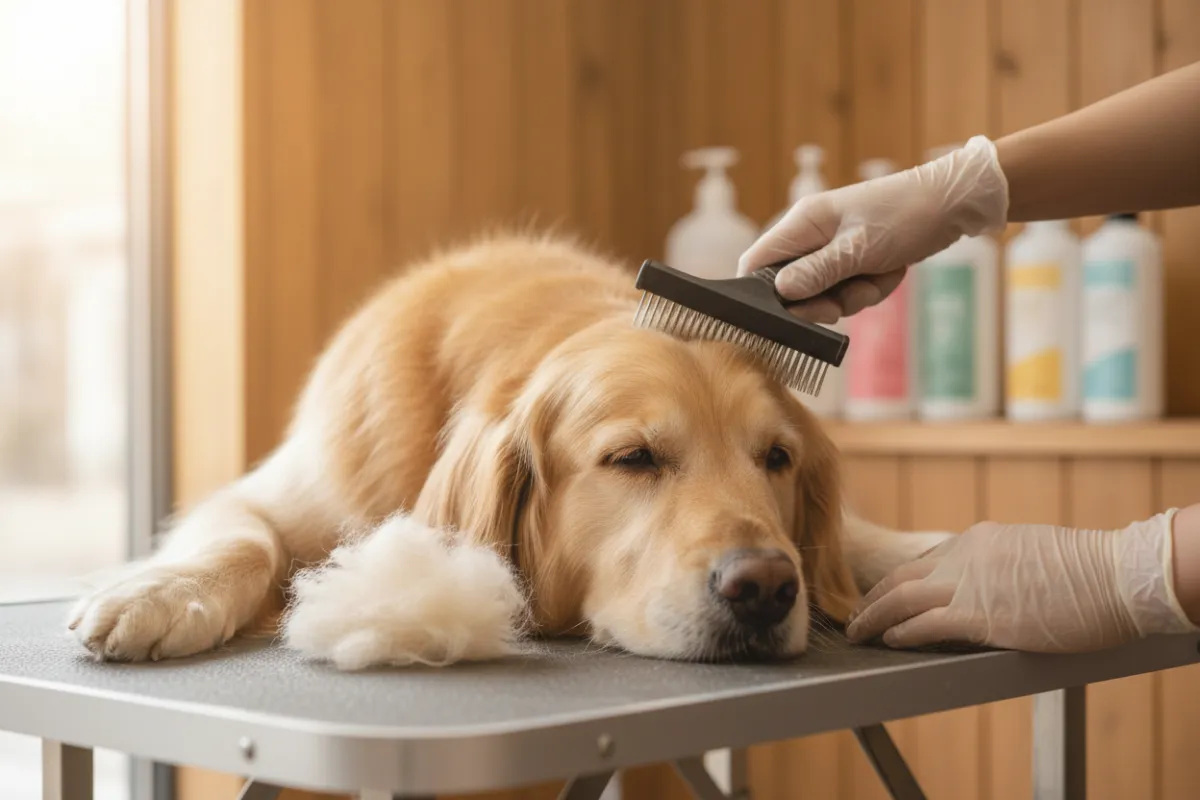 De‑Shedding & Coat Care: groomer removing loose undercoat from long‑haired dog