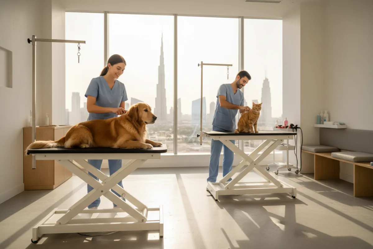 De‑Shedding & Coat Care: groomer removing loose undercoat from long‑haired dog