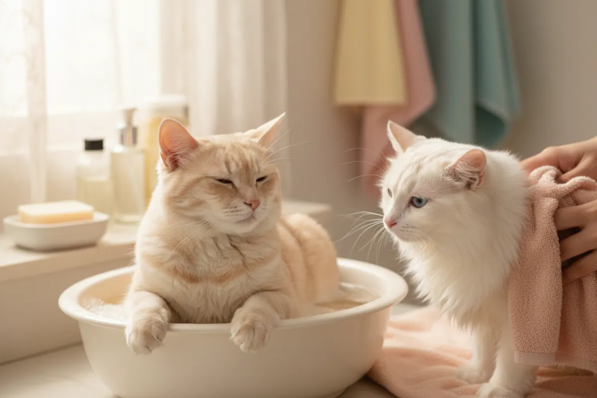 Two calm cats receiving gentle grooming: brushing and light bath