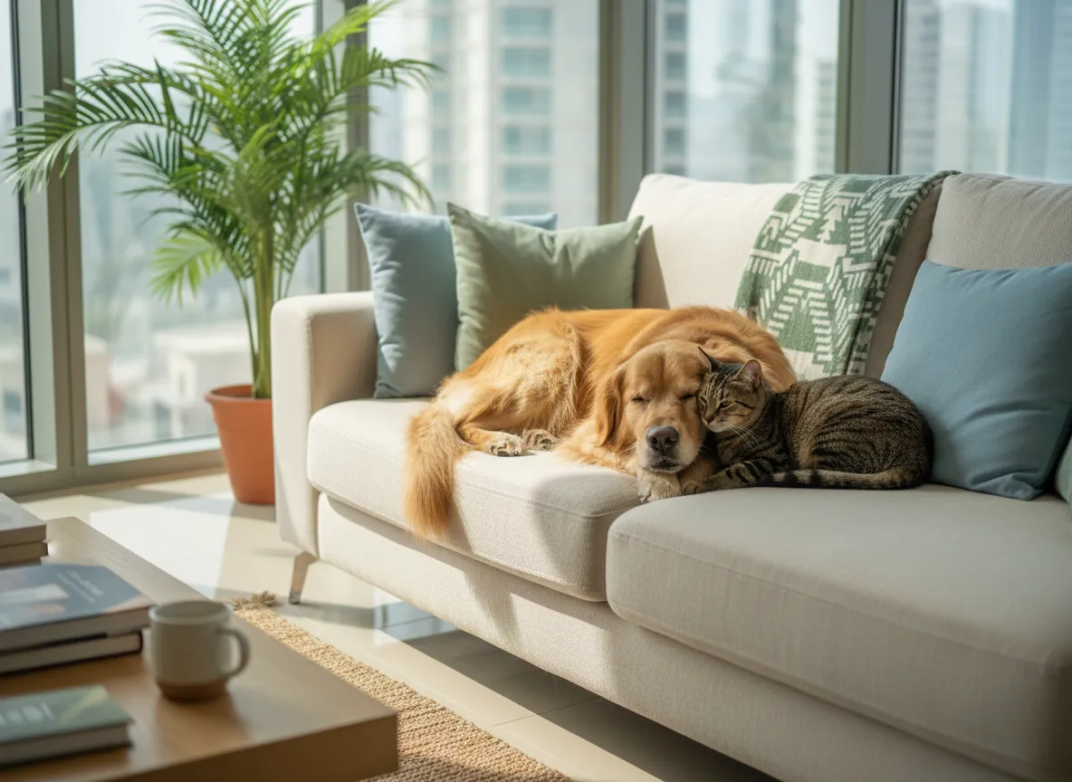Happy cat and dog relaxing together after a vet visit in JVC Dubai.
