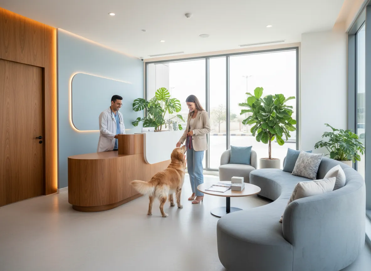 Smiling veterinarian in Dubai greeting a dog and its owner in a bright clinic reception