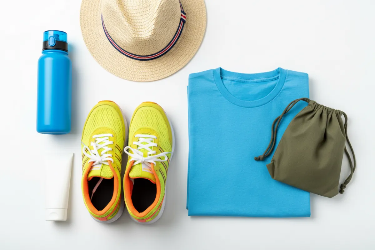A neatly arranged flat lay of camp essentials: a labeled water bottle, athletic shoes, a sun hat, sunscreen, a folded t-shirt, and a small bag. The items are brightly colored and set on a clean white background, emphasizing preparation and organization.