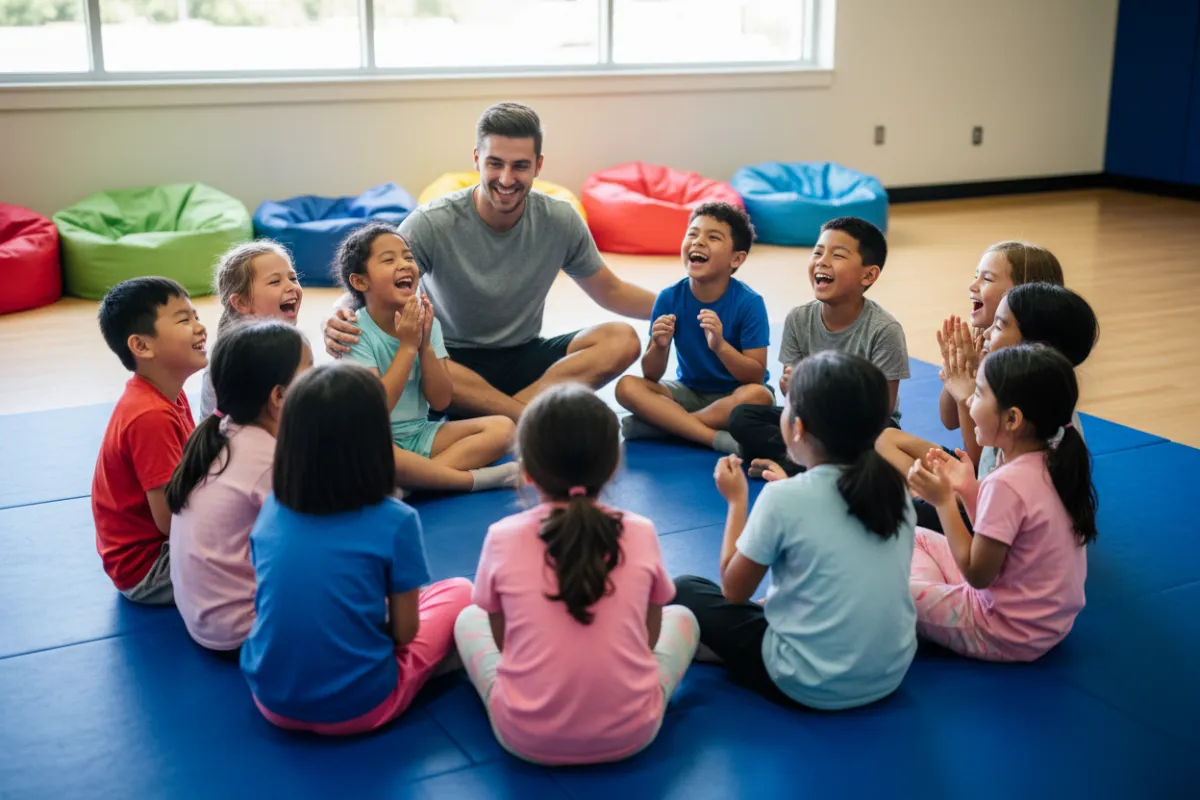 A candid photo of a diverse group of children, ages 5–13, sitting in a circle on a gym mat, laughing and sharing stories. The group includes boys and girls of various backgrounds, with a camp leader joining in, fostering a sense of inclusion and joy.