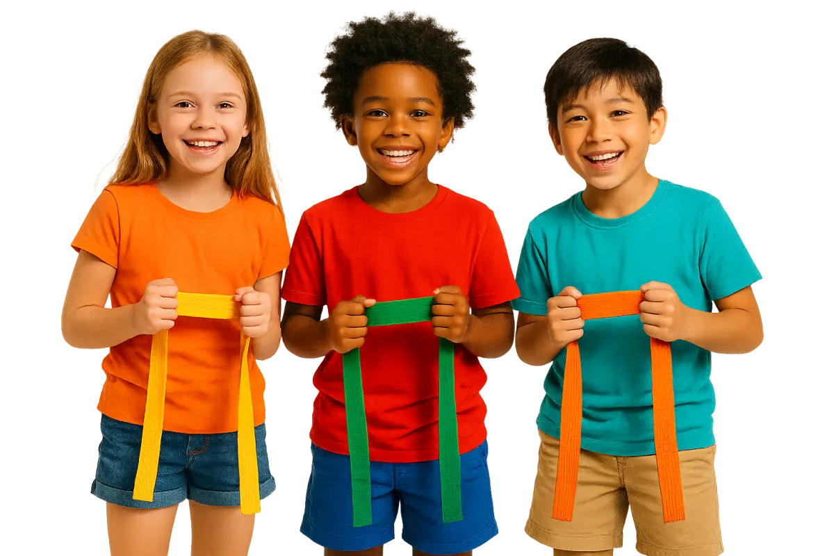 Three diverse children smiling and holding martial arts belts