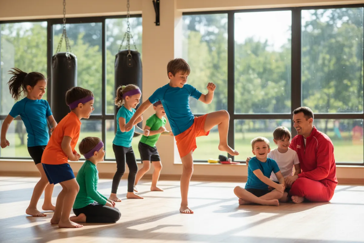 A cheerful camp counselor with a clipboard beside a large wall calendar, children in the background preparing for activities.