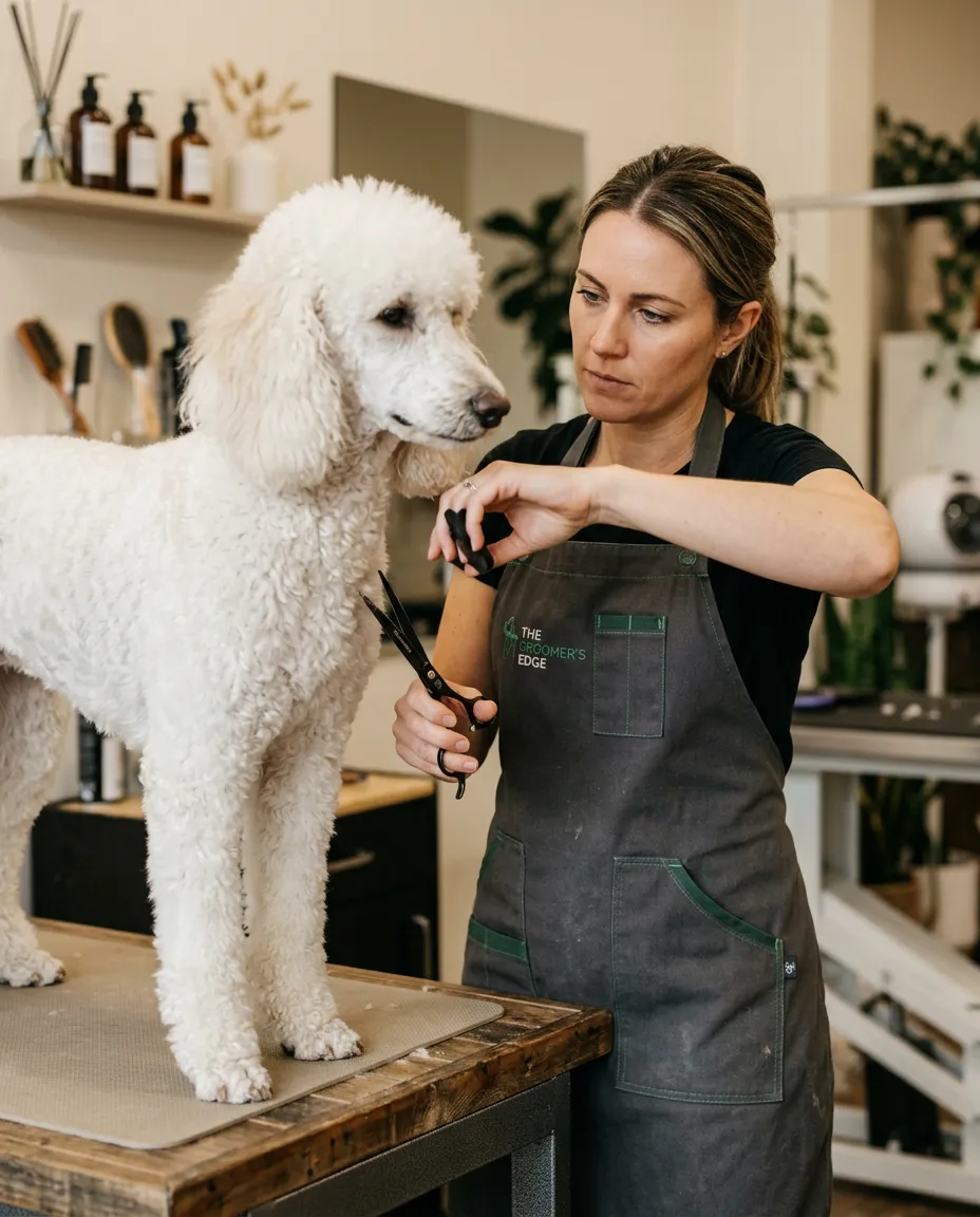 Estilista canino profesional realizando un corte de precisión en un caniche con tijeras ergonómicas