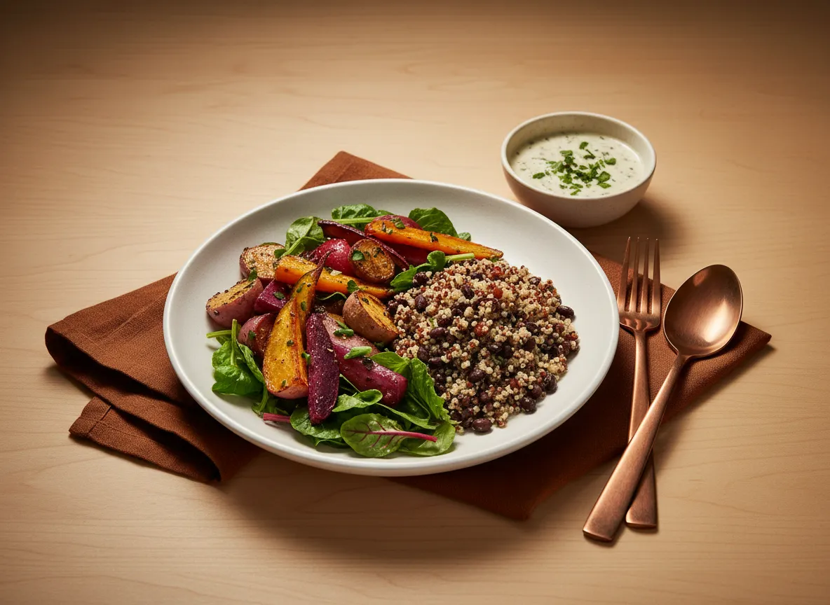 Woman smiling with a balanced meal