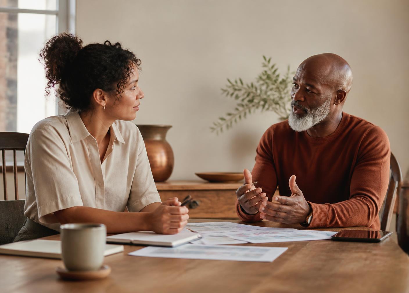 Two adults reviewing business plans together at a table
