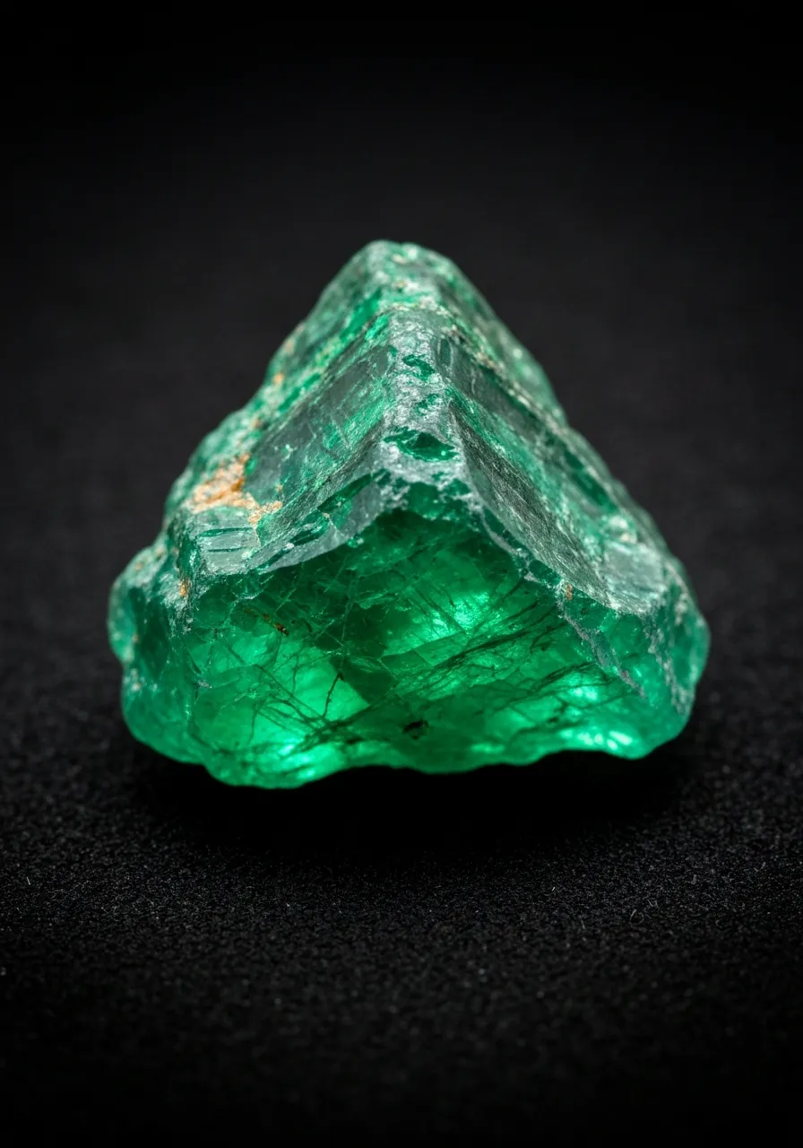 Macro de cristales de esmeralda colombiana en bruto mostrando un verde profundo