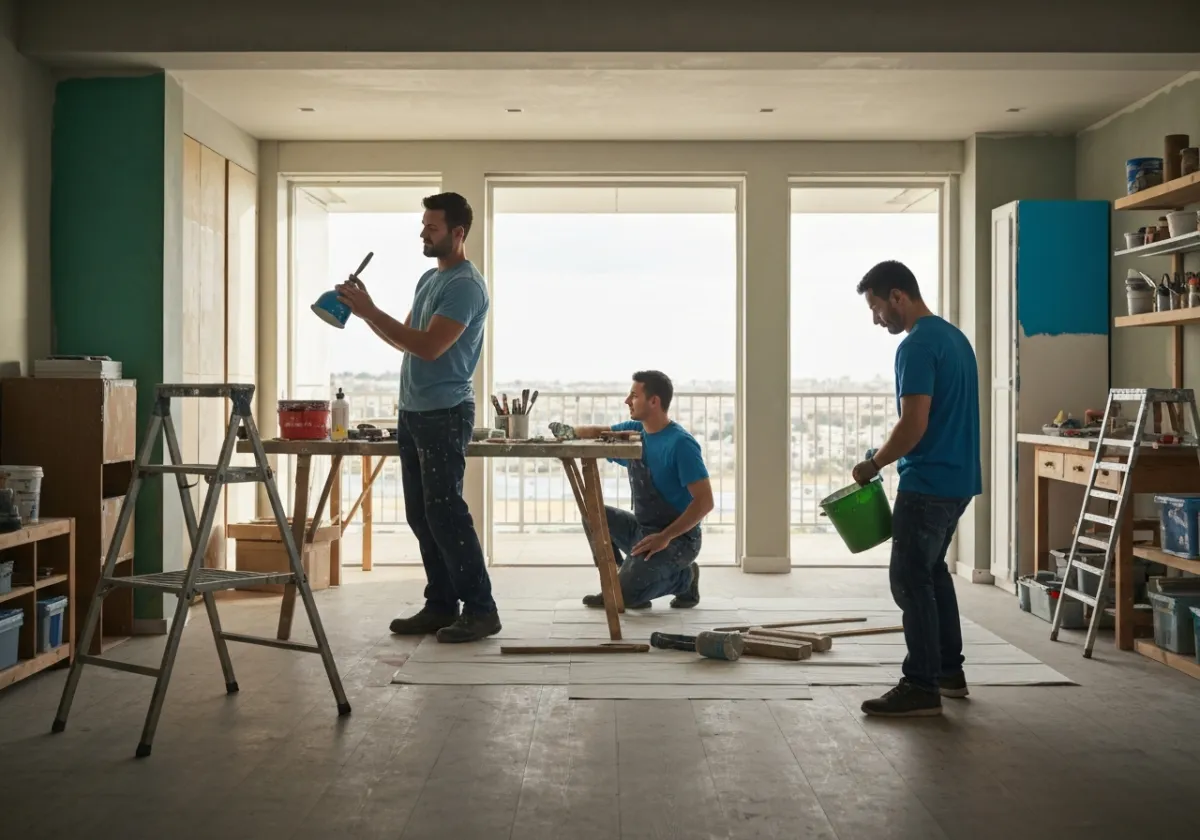 Trabajadores realizando mejoras y pintura en una casa residencial