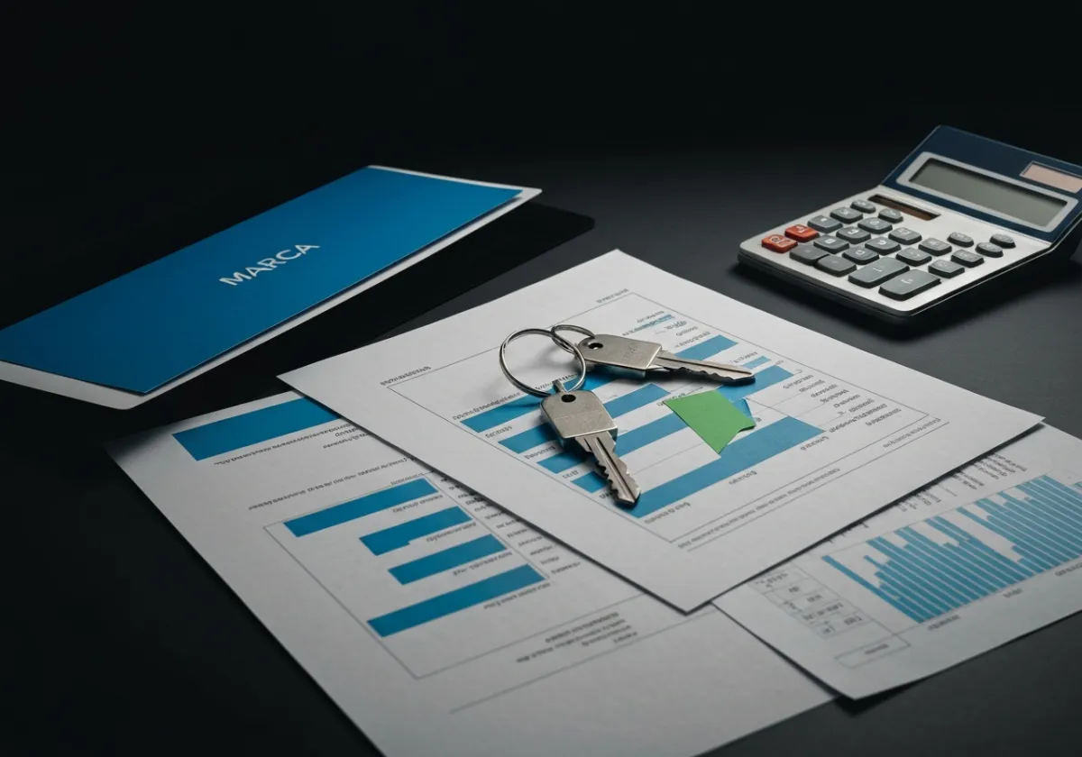 Documentos financieros y llaves de una casa sobre un escritorio